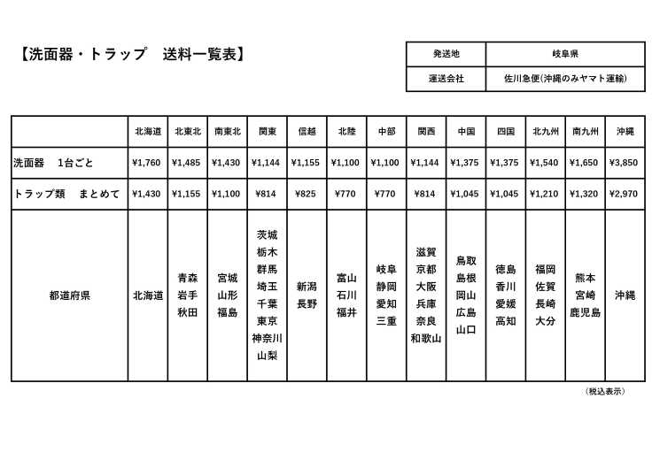 洗面器　送料表